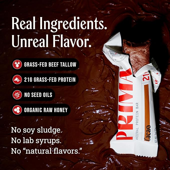 PRIMA ANCESTRAL PROTEIN BAR Grass Fed Protein Bars - 21G Protein – Animal-Based Protein Bar with Beef Tallow Raw Honey Seed Oil Free Low Carb Gluten-Free – Cacao - 7 Pack