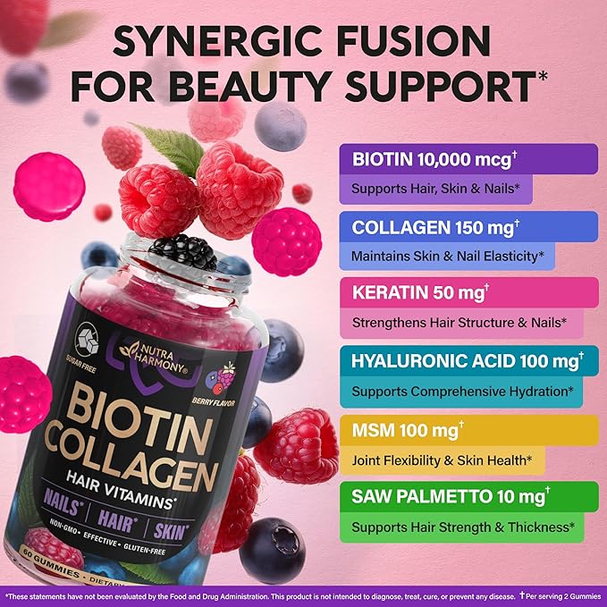 Biotin Gummies with Collagen - Hair Growth Support Skin &amp Nail Strength - for Women &amp Men - Biotin 10000mcg | Keratin | Hyaluronic Acid | B-Complex | Saw Palmetto - Sugar-Free Mixed Berry P