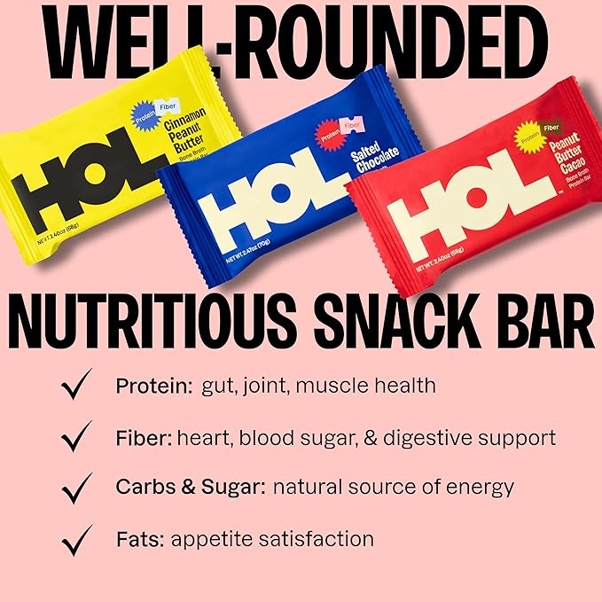 HOL Bone Broth Protein Bars - Peanut Butter Cacao - 20g Whole-Food Protein - Natural Energy Snack Made with Real Ingredients - Gluten-Free No Artificial Additives - Great On-the-Go Fuel - 12 Pack