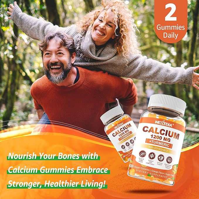 Calcium Gummies with Turmeric for Women &amp Men - Calcium 1200mg with Vitamin D3 K2 B12 5000 IU &amp Zinc Suger-Free Calcium Supplement for Bone Muscle Strength &amp Immune Support - Vegan(60 Co