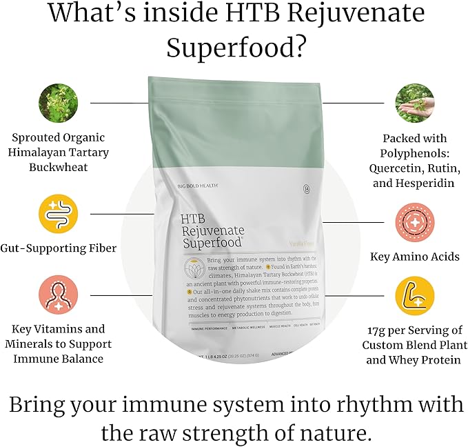 BIG BOLD HEALTH HTB Rejuvenate Superfood Plant-Based Protein Powder | Himalayan Tartary Buckwheat with Polyphenols &amp 17g Protein | Gut &amp Immune Support | Vanilla Flavor