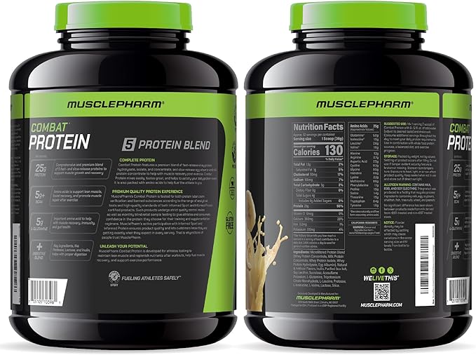 MusclePharm Combat Protein Powder Banana Cream Flavor Fuels Muscles for Productive Workouts 5 Protein Sources including Whey Protein Isolate &amp Egg Albumin Gluten Free 4 lb 52 Servings