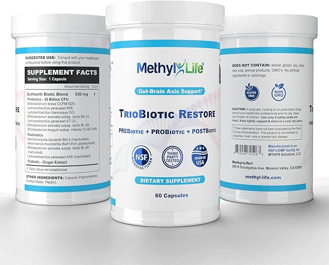 Methyl-Life TrioBiotic Restore – Full-Spectrum Microbiome Support with Probiotics Prebiotics &amp Postbiotics – 30 Billion CFU Shelf-Stable Gluten-Free Vegan Non-GMO Capsules 60 Capsules