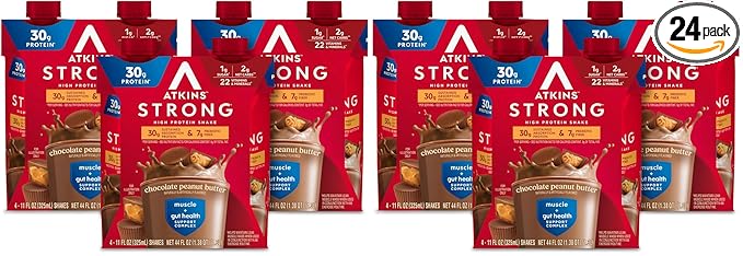 Atkins Strong High Protein Shake Chocolate Peanut Butter Flavor 30g Protein Low Carb and Low Sugar Shake Keto Friendly Gluten Free Muscle and Gut Health Support Complex (Pack of 24)