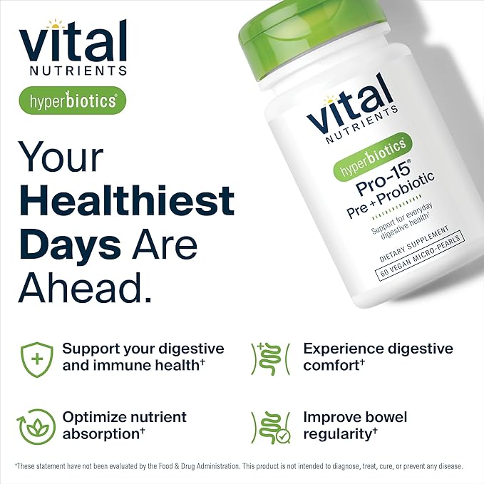 Hyperbiotics Vital Nutrients Pro-15 Prebiotics and Probiotics for Women and Men | 15 Science Backed Strains | Supports Occasional Constipation Diarrhea Gas &amp Bloating | 60 Vegan Time Release Pea