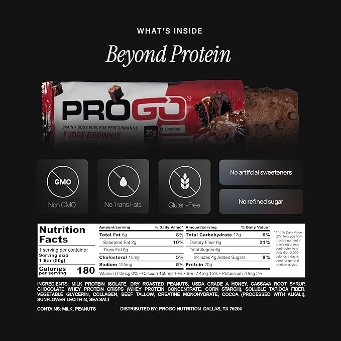 ProGo Protein Bars – Brain + Body Fuel with 20g Clean Protein Creatine &amp Collagen Peptides Made with 95% Pure Isolate Grass-Fed Beef Tallow No Fillers Naturally Sweetened with Honey Gluten-F