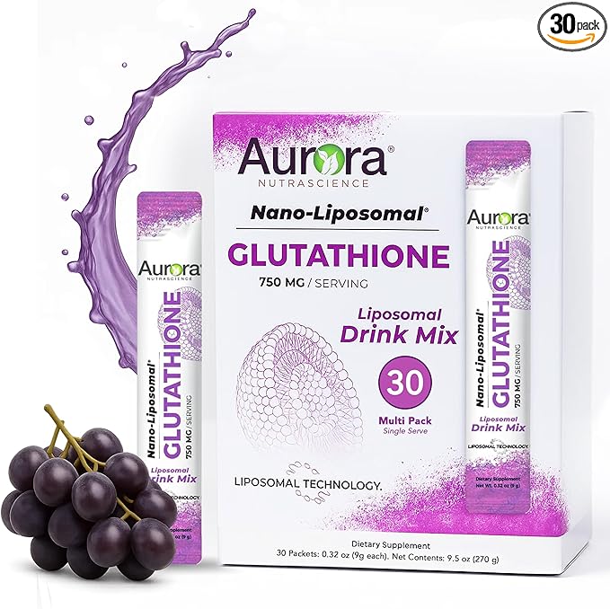 Aurora Nutrascience Nano-Liposomal Glutathione Grape Powdered Drink Mix Immune &amp Antioxidant Gut Health Support Supplement 750 mg per Serving Non-GMO Sugar-Free 30 Single Serve Packets