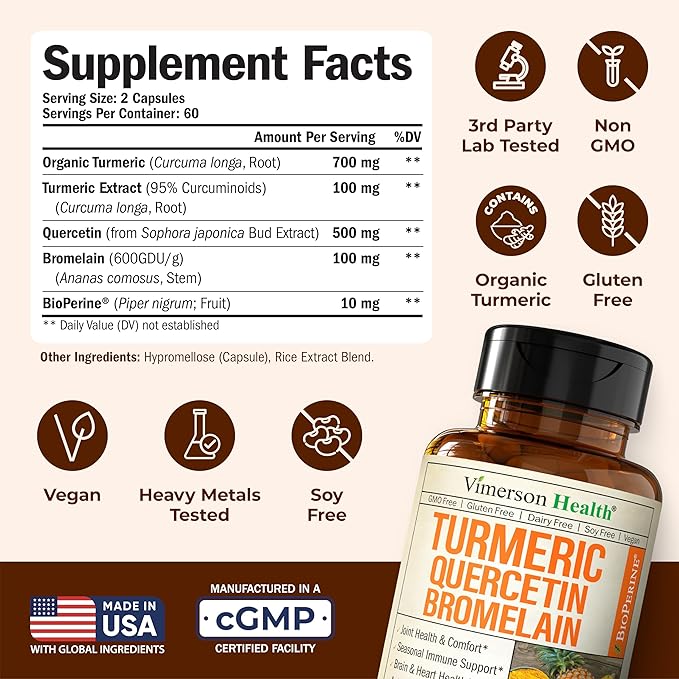 Quercetin with Bromelain Turmeric Curcumin Supplement – Allergy Relief Immune &amp Joint Support – Organic Turmeric Supplement w/Bioperine for Enhanced Absorption 120 Quercetin 500mg Capsules