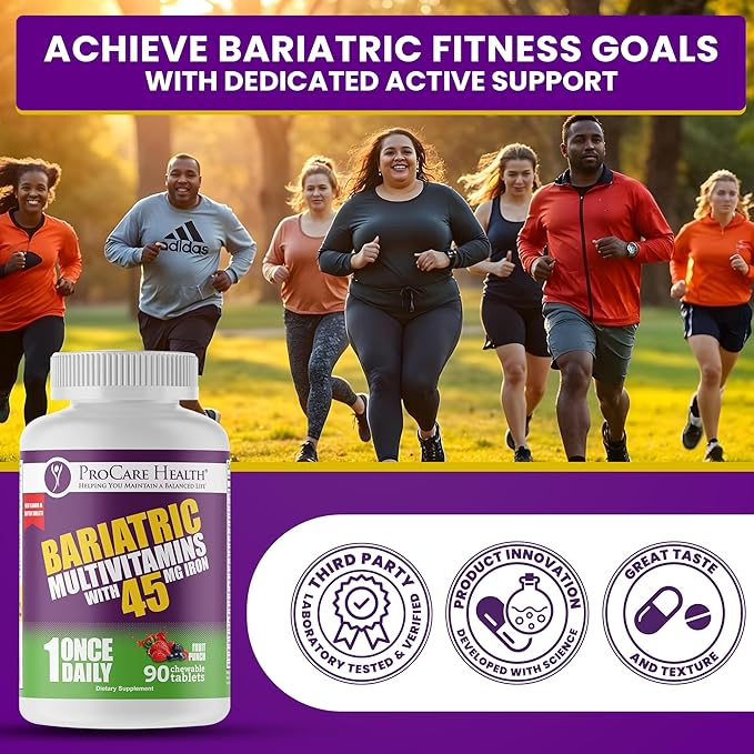 Procare Health Bariatric Multivitamin with Iron 45mg Chewable (90 Tablets) - Fruit Punch Flavor Bariatric Multivitamin Chewable Pills for Gastric Bypass &amp Sleeve Gastrectomy Patients (03 Month Sup