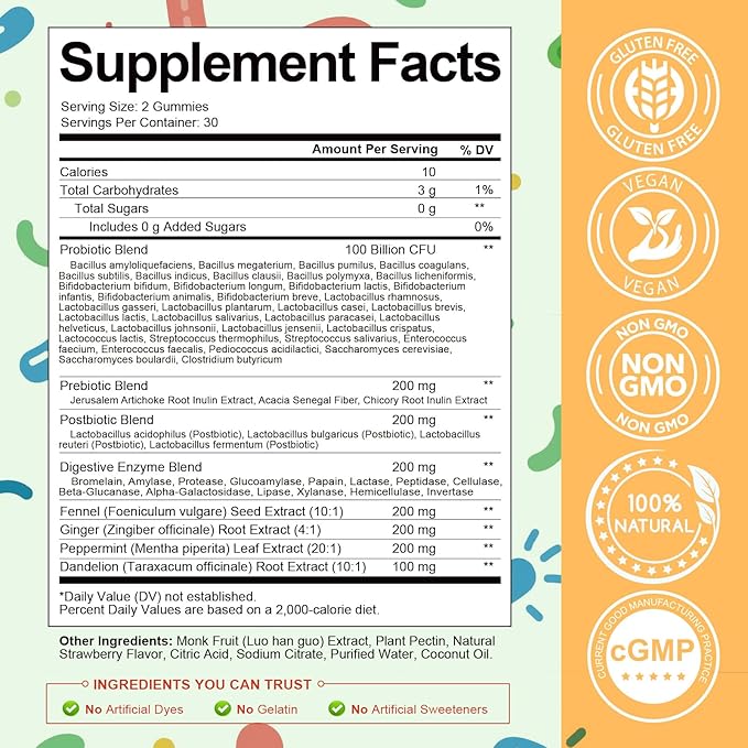 Totaria Sugar Free 5-in-1 Probiotic Prebiotic Postbiotic Gummy 36 Strains Probiotics for Women Men with Digestive Enzymes Peppermint Complete Immune Gut &amp Digestive Support Vegan 60 Counts