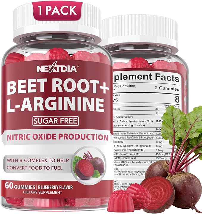 Beet Root Gummies Beetroot &amp L-Arginine Red Beets Supplements w/ Vitamin B1 B2 B3 B5 B6 Folate B12 for Energy Boost &amp Circulation Support Sugar Free Nitric Oxide Gummies 60 Beet Chew