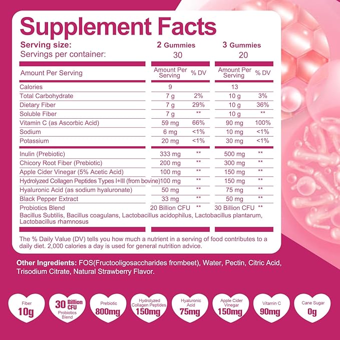 10G Fiber Gummies with Collagen Peptides Hyaluronic Acid Vitamin C ACV 30 Billion CFU Probiotics – Sugar Free Collagen Gummy for Skin Hair &amp Nails – Digestive Health Support – 60 Cts
