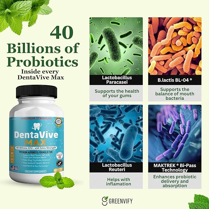 DentaVive Max Probiotic Supplement 40 Billion CFU 60 Capsules Premium Oral Health Support for Teeth Gums Digestive Health (2)