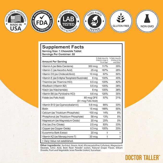 NuBest Doctor Taller Kids - Kids Multivitamins Toddler Vitamins - Support Healthy Immunity and Bone Strength for Ages 2 to 9 - Grape Flavor - 60 Vegan Chewable Tablets | 1 Month Supply