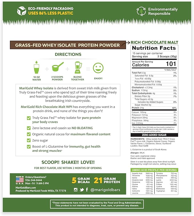 MariGold Grass-fed Whey Protein Isolate Powder - Rich Chocolate Malt Flavor - 1 Lb | 100% Pure Cold-Processed Micro-Filtered Undenatured Non-GMO rBGH Free Soy Free Gluten Free Lactose Free