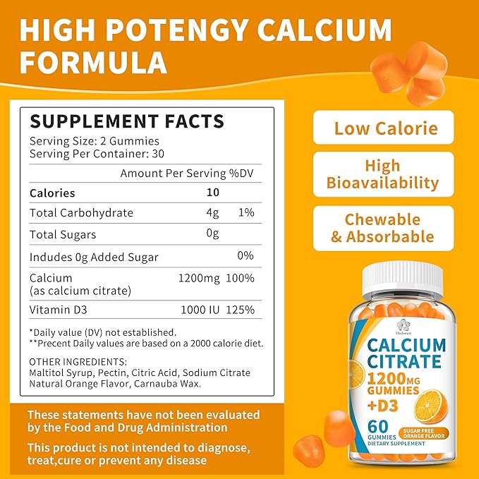 (2 Pack) Calcium Citrate 1200 mg Gummies with Vitamin D3 High Absorption Calcium Supplements for Women &amp Men Sugar Free Non-GMO Gluten Free Supports Muscle &amp Immune - Orange Flavor