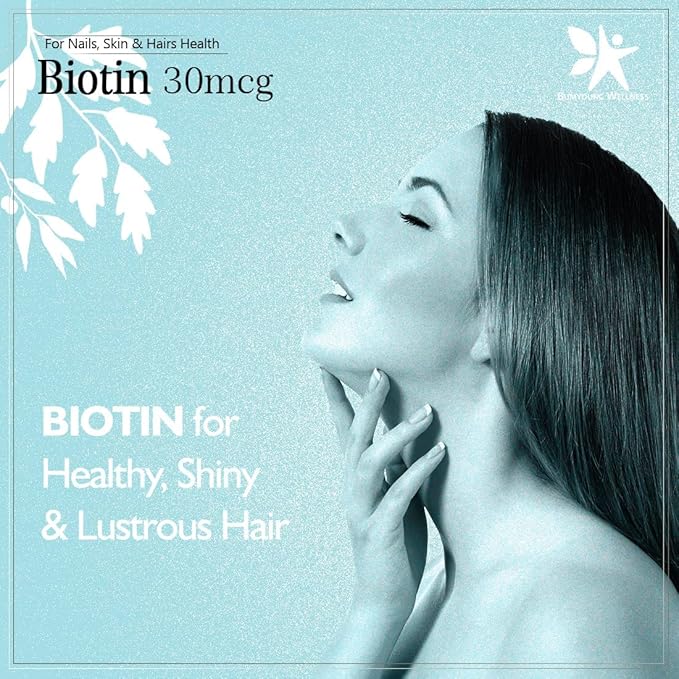 Biotin 30mcg Supplement for Hair Growth Strong Hair and Glowing Skin Fights Nail Brittleness 90 Tablets