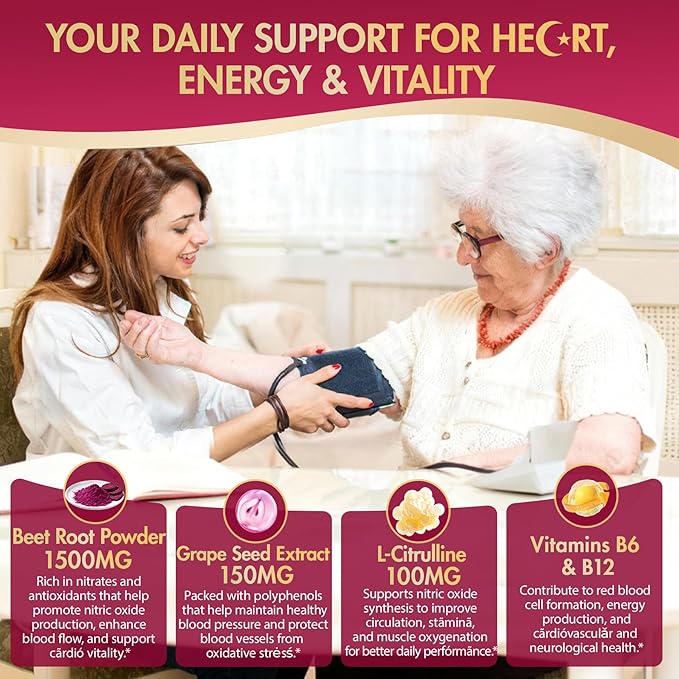 NEVISS Beet Héāŗt Chews 1500mg Nitric Oxide and Blood Préssũre Support 5 in 1 Beets Supplements w/Grape Seed L-Citrulline Vitamin B6 &amp B12 for Energy &amp Circulation Support 60 Chews Sugar