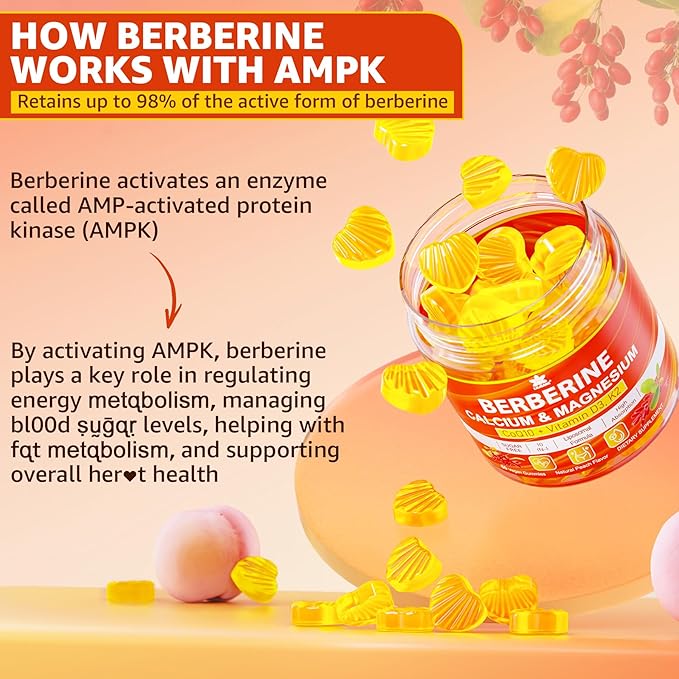 Berberine Supplement Gummies Sugar Free Extra Absorption with Liposomal Berberine &amp Berberine HCI Calcium Magnesium AMPK Activitor for Sugar &amp Level Immune Energy Metabolism -Pack of 2