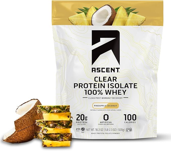 Ascent 100% Clear Whey Protein Powder - Post Workout Whey Protein Isolate Zero Artificial Flavors &amp Sweeteners Gluten Free 5.5g BCAA 2.1g Leucine Essential Amino Acids Pineapple Coconut 20