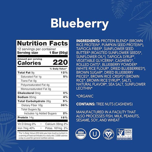 ALOHA Organic Plant Based Protein Bars - Blueberry Bars Vegan Low Sugar Gluten-Free Low Carb Non-GMO No Stevia No Erythritol - 12 Count (Pack of 1)