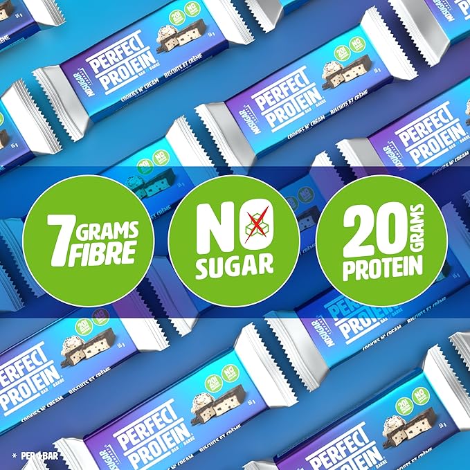 No Sugar Perfect Protein Bar - Cookies &amp Cream Flavor | 20g High Protein Zero Sugar Diabetic-Friendly High Fiber Keto-Friendly Low Calorie Nutrient Rich Healthy Snack | 14 Bars (55g)
