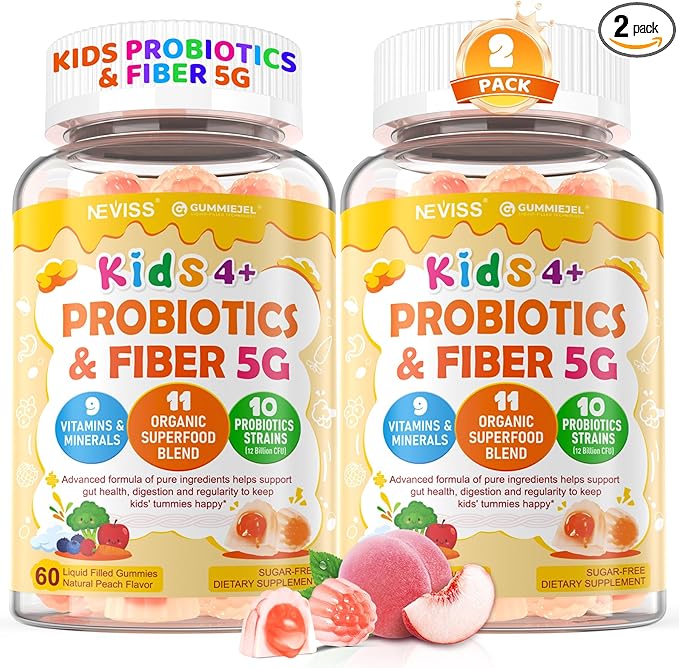 2Pack Kids Probiotic + Prebiotic Fiber Gummies 5G 12 Billion CFU Probiotic &amp Veggie Fruit Fiber w/ Organic Inulin Methyl B12 B6 D3 C Lutein for Children's Digestive &amp Gut Immune HealthSu