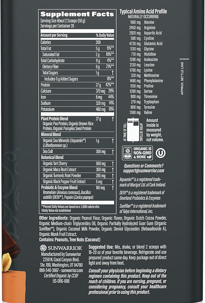 Sunwarrior Organic Plant Based Protein Powder | Vegan Organic Protein Powder with BCAAs Plus Recovery Minerals &amp Botanicals | Non-GMO Soy Dairy &amp Gluten Free (Chocolate Peanut Butter 20 Servi