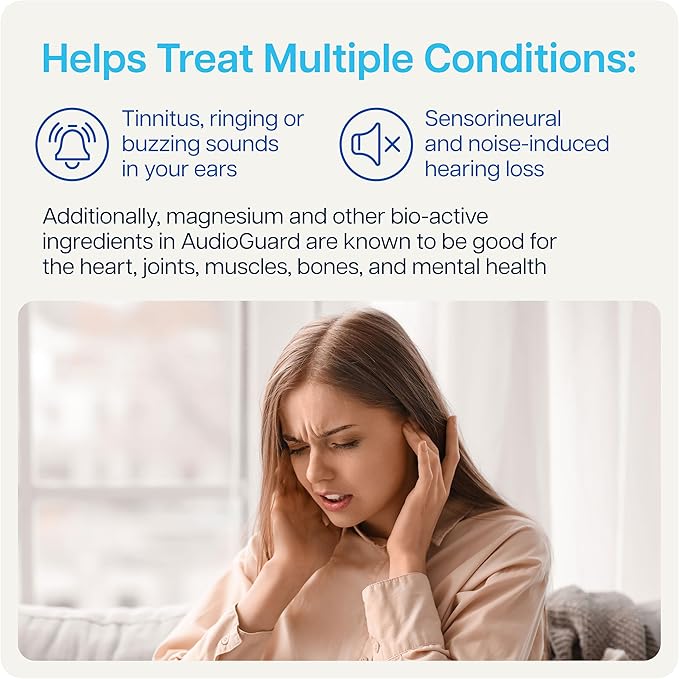 MAGNOX® AudioGuard Magnesium Supplement for Tinnitus Treatment | Tinnitus Relief for Ringing Ears | Natural Magnesium Complex | Dead Sea Minerals | High Absorption Magnesium | 60 Capsules