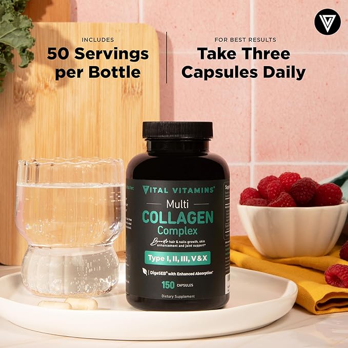Vital Vitamins Multi Collagen Capsules - Type I II III V X - Grass-Fed Collagen Peptides Supplements Non-GMO - for Men &amp Women - 150 Count