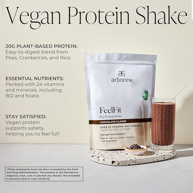 Arbonne Feelfit Pea Protein Shake - Daily Supplement Powder Vegan Protein for Support of Overall Health Energy and Well-Being Chocolate