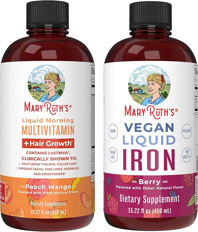 MaryRuth's MaryRuth's Liquid Morning Multivitamin +Hair Growth (Peach Mango 15.22oz) &amp Iron Liquid (Berry) | Clean Label Project Verified® | Beauty Immunity &amp Overall Health | Vegan Non-GM