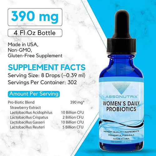 Absonutrix Women’s Daily Probiotics 390 mg 4 Oz Liquid 302 Servings Made in USA Quick Absorption Quality Potent Ingredients Non-GMO GMP Certified Facility Cruelty-Free Products