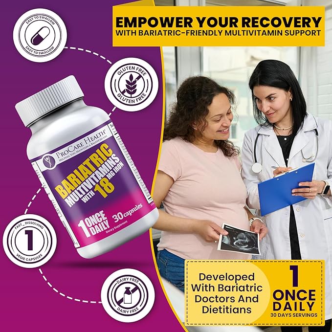 ProCare Health Bariatric Multivitamin with Iron 18mg (30 Easy to Swallow Capsules) - Post Op Bariatric Vitamins for Gastric Bypass Pills - Must Haves for Sleeve Patients (1 Month Supply)