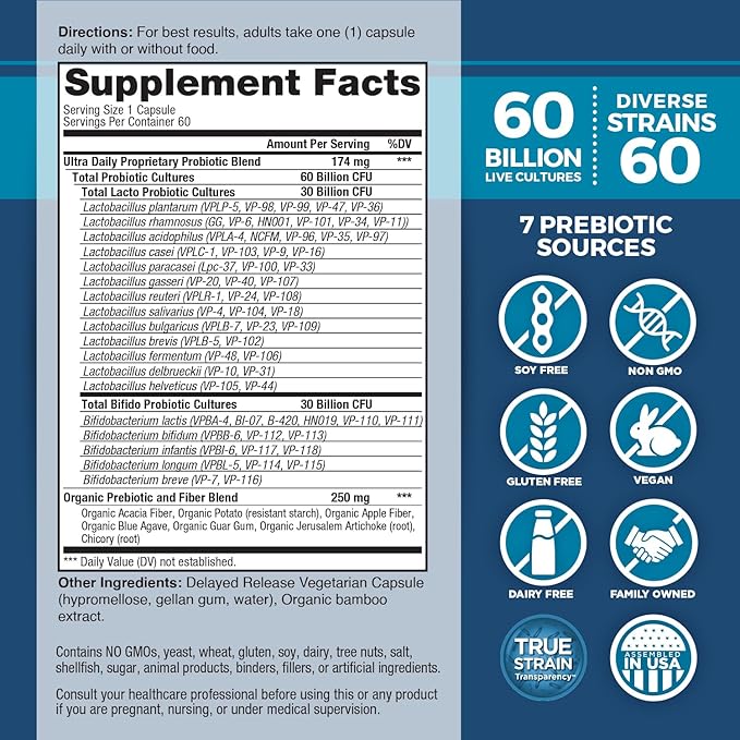 Vital Planet - Vital Flora Ultra Daily Probiotic 60 Billion CFU Diverse Strains Organic Prebiotics Immune Support Bloating Relief Digestive Health Probiotics for Women and Men 60 Capsules