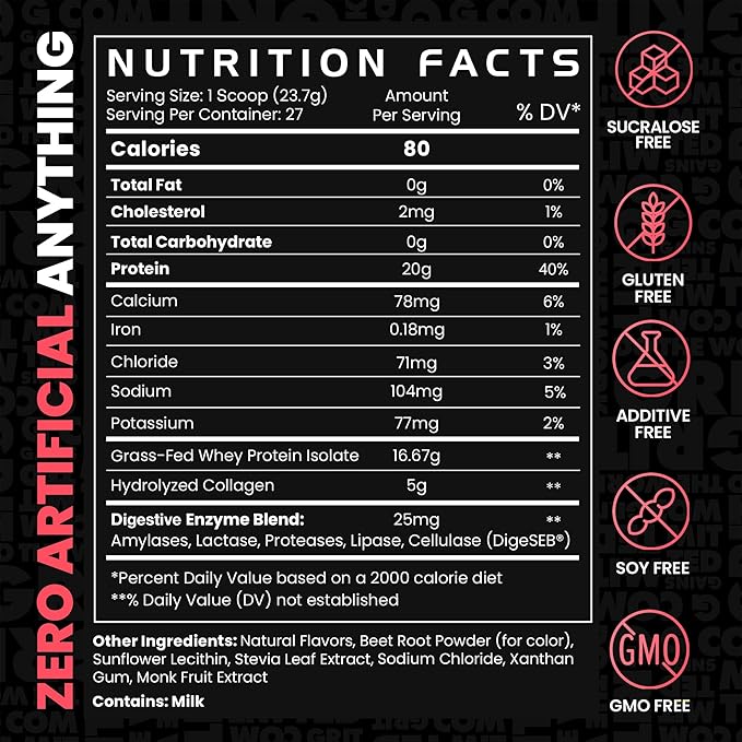 Gains in Bulk Lean Protein Powder With Collagen Peptides Gluten Free Grass Fed Whey 20 G Protein &amp 5 G Collagen Plant Enzymes to Support Digestion Natural Flavor Strawberry Shortcake 27 Serv