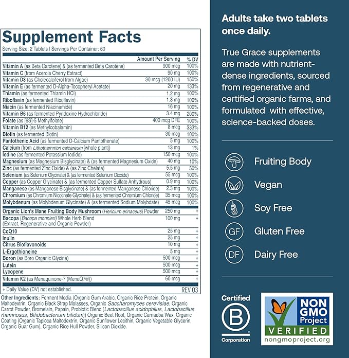 True Grace Daily Men’s Multivitamin 50+ - 120 Easy-to-Swallow Tablets - Immune Energy Longevity &amp Memory Support - Gluten Free Soy Free Vegan - 60 Servings