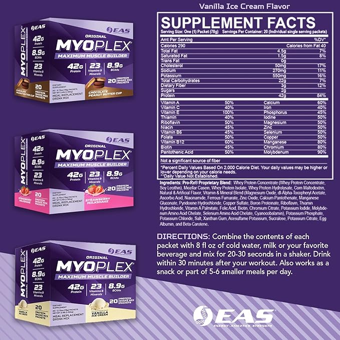 EAS Original Myoplex Maximum Muscle Builder | Meal Replacement Protein Drink Mix | Quality Protein Blend | 42g Protein | 20 Individual Packets (Vanilla Ice Cream)