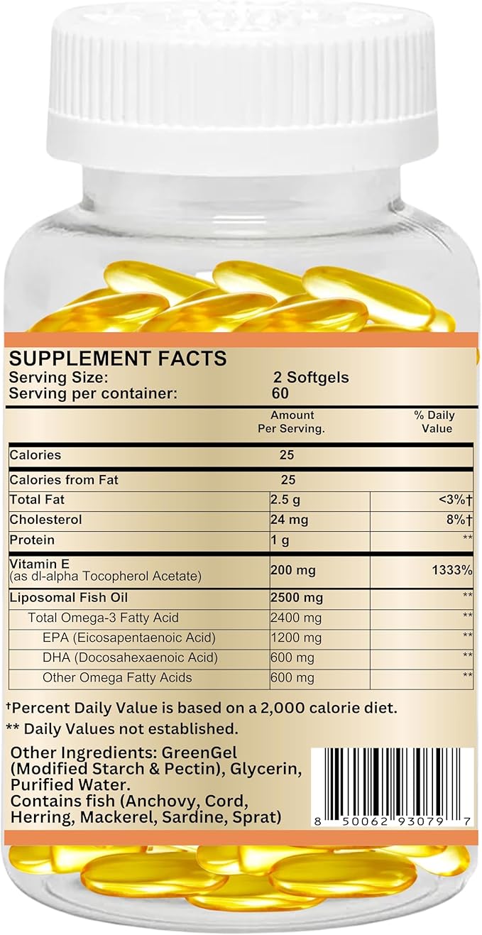 Nikoni Liposomal Lemon Flavor Fish Oil 2400 mg of Omega-3 with 200 mg of Vitamin E. 1200 mg of EPA+ 600 mg of DHA + 600 mg of Other Omegas-120 Vegan Softgels (No Animal Gelatin)