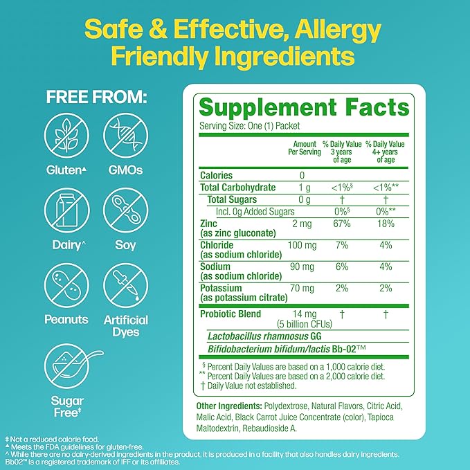 Culturelle® Kids Probiotics and Electrolytes Hydration Super Duo Strawberry Lemonade Sugar Free‡ Powder Packets for Immune and Digestive Support 30 Count