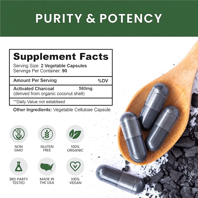 Coconut Activated Charcoal Capsules 180 Charcoal Capsules Teeth Whitening Helps Constipation Bloating Stomach Gas Heartburn Pure Coconut Derived Supplement (2)