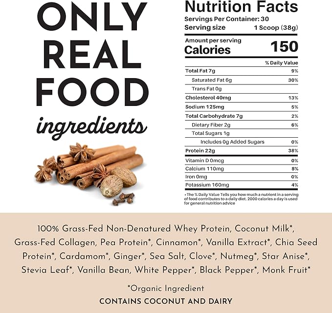 JUST INGREDIENTS Chai Protein Powder – 30-Serving Blend with 100% Grass-Fed Whey &amp Organic Plant Proteins – Warm Spice Flavor with Cinnamon Ginger &amp Cardamom – Supports Muscle Recovery Energ
