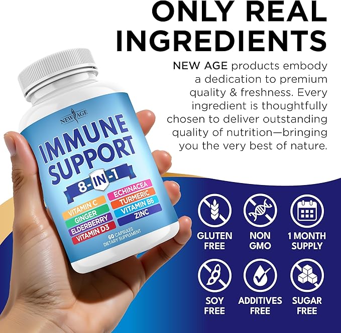 NEW AGE 8 in 1 Immune Support Booster Supplement with Echinacea Vitamin C and Zinc 50mg Vitamin D 5000 IU Turmeric Curcumin &amp Ginger B6 Elderberry 60 Count (Pack of 1)