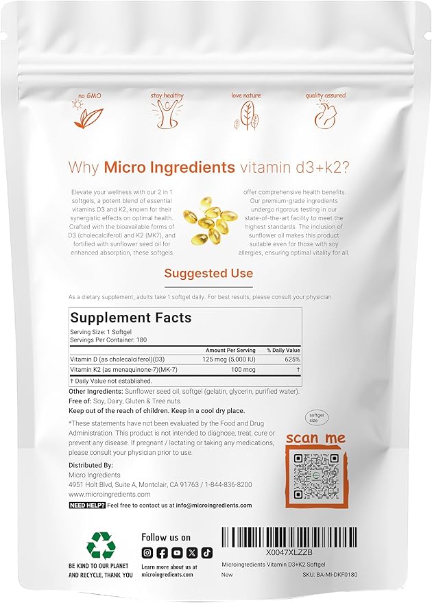 Micro Ingredients Vitamin D3 5000 IU + K2 MK-7 100 mcg 180 Softgels | 2-in-1 Formula | Easy to Swallow Non-GMO