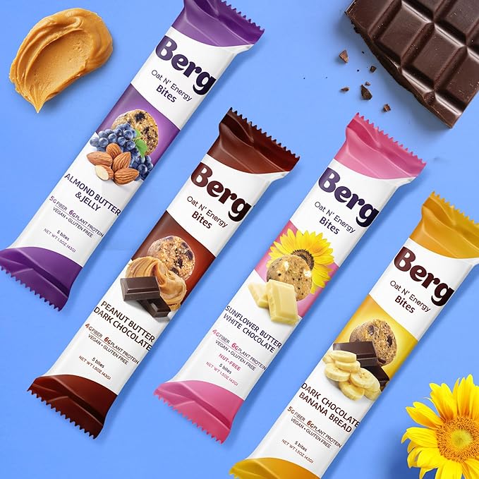 Berg Oat N' Energy Bites - Dark Chocolate Banana Bread - Non-GMO Gluten Free Dairy Free Soy Free and Vegan - Clean Energy Snack - 1.5oz (8 Pack)