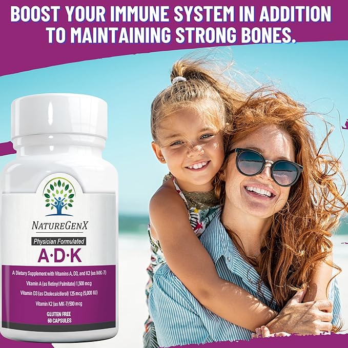 ADK Vitamin Supplement 5000 IU - High Potency Vitamins A D3 and K2 for Bone Health and Calcium Absorption | Gluten-Free Vitamin ADK Supplement 60 Day Supply 60 Capsules