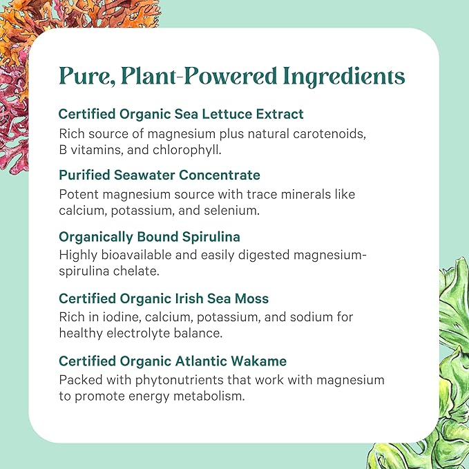 PURE SYNERGY Vital Ocean Magnesium | Organic Magnesium Supplement Capsules | Vegan Seaweed-Based Complex with Spirulina Chlorella &amp Wakame | for Energy Sleep &amp Stress (60 Capsules)