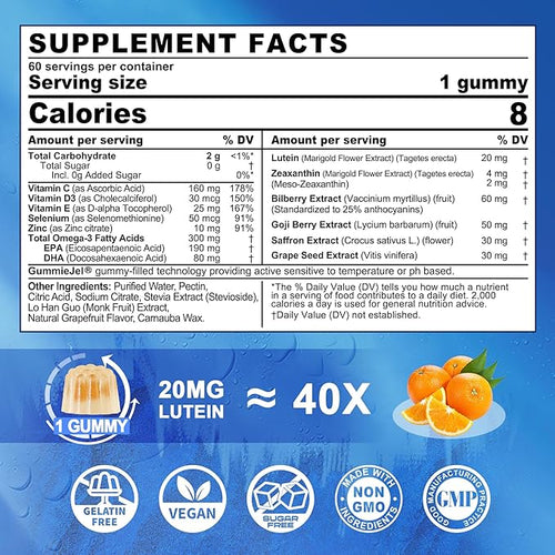 2 Pack Sugar Free Lutein 20mg 40mg and Zeaxanthin Gummies for Eyes with EPA 190mg &amp DHA 80mg Eye Vitamins Filled Gummies Plus Bilberry Goji Berry &amp Saffron Eye Health Supplements for Adults
