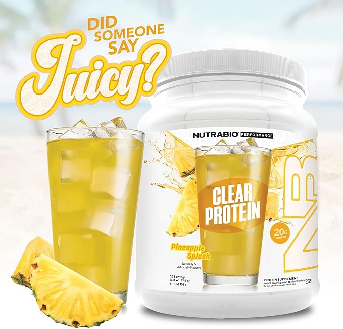NutraBio Clear Protein Powder Pineapple Splash - 20 Servings 20g Clear Whey Protein Isolate 0 Sugar 0g Lactose Refreshing Fruit Flavors GLP1 Support - Bone Health - Muscle Post Workout Recovery
