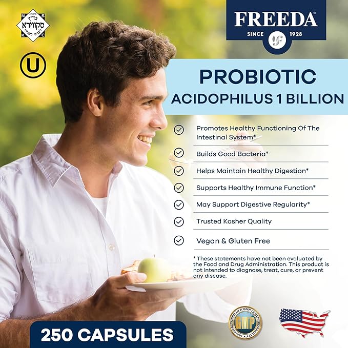 FREEDA Acidophilus Probiotic 1 Billion CFU - Lactobacillus Acidophilus Probiotics for Women &amp Men - Women's Probiotics for Digestive Health - Gut Health Supplements for Women &amp Men (250 Capsul